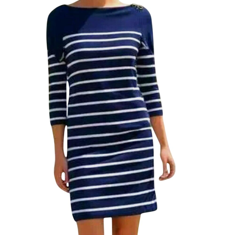 J. MCLAUGHLIN Small‎ Navy Blue White Stripe Knee Length Dress Shoulder Buttons